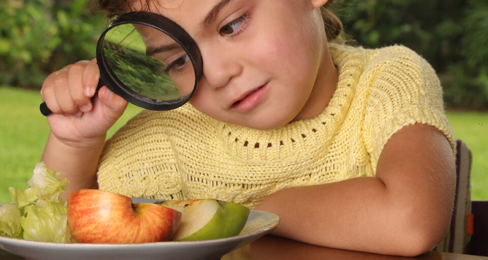 A child looking at sliced fruits on a plate through a magnifying glass.